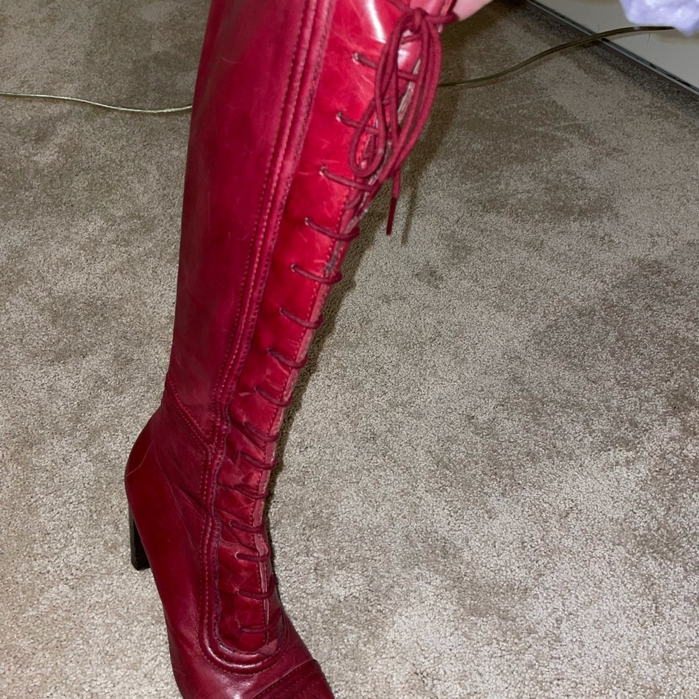 Knee High Red 4 Inch Heeled Boots